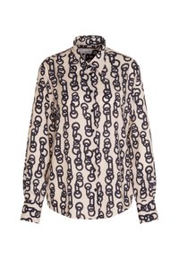 Camicia button-up in tessuto leggero con uno sfondo beige decorato da un motivo a catena navy. Con colletto, maniche lunghe e polsini con bottoni.