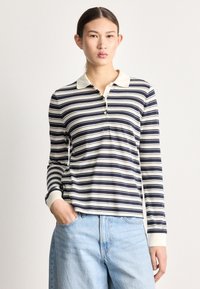 Tricou polo cu mâneci lungi cu dungi albastre și albe, cu guler crem și nasturi, asociat cu blugi denim de culoare albastru deschis. Material moale cu croială lejeră.