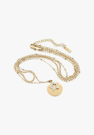 Gelaagde gouden ketting met kleine ronde kralen, een ronde hanger en een stervormige charme versierd met heldere kristallen.