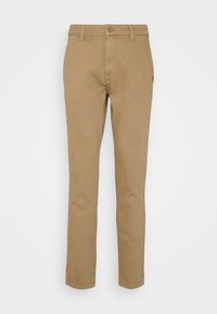 Chino in cotone beige con design a gamba dritta, dotati di chiusura con bottone, passanti per cintura e dettagli di cucitura discreti.