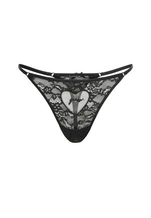 Zwarte kanten string met bloemmotief, hartvormige uitsnede in het midden en geborduurd logo, voorzien van dunne verstelbare bandjes.