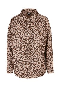 Long-sleeve button-up shirt with brown and beige leopard print, chest flap pockets, and a classic collar.
