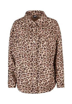 Long-sleeve button-up shirt with brown and beige leopard print, chest flap pockets, and a classic collar.
