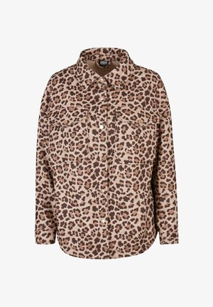 Long-sleeve button-up shirt with brown and beige leopard print, chest flap pockets, and a classic collar.