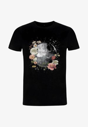 T-shirt en coton noir présentant un design imprimé de l'Étoile de la Mort entourée de fleurs colorées, avec des détails complexes et un thème spatial.