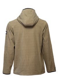 Beige fleece jack met een capuchon, lange mouwen en zwarte accenten op de manchetten en de halslijn. Zachte textuur en ingetogen ontwerp.