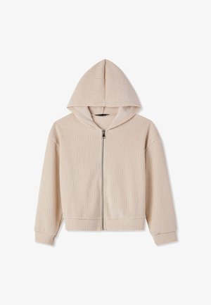 Felpa con zip beige con un motivo testurizzato, dotata di cappuccio e polsini a costine. Realizzata in un materiale morbido, ha una vestibilità comoda.