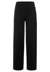 Černé kalhoty s širokým střihem vyrobené z měkké tkaniny s elastickým pasem a bez viditelných zapínání. Mají jednoduchý, rovný siluetu.