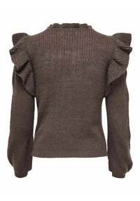 Pull en tricot marron avec manches longues et détails à volants aux épaules, vu de dos.