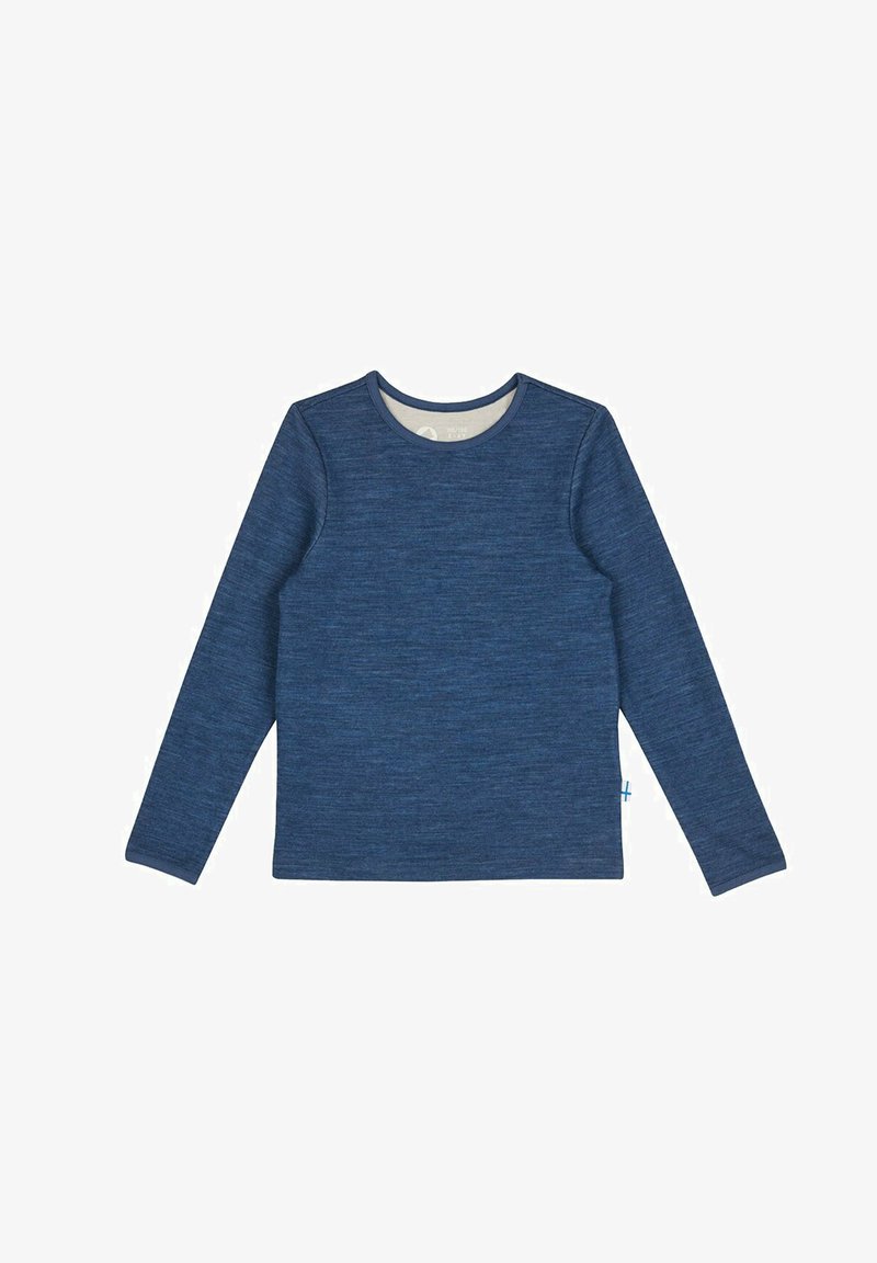 Langarmshirt in melierten Marineblau, aus weichem Stoff, mit Rundhalsausschnitt und taillierter Passform. Verfügt über ein kleines blaues Etikett auf der linken Seite.