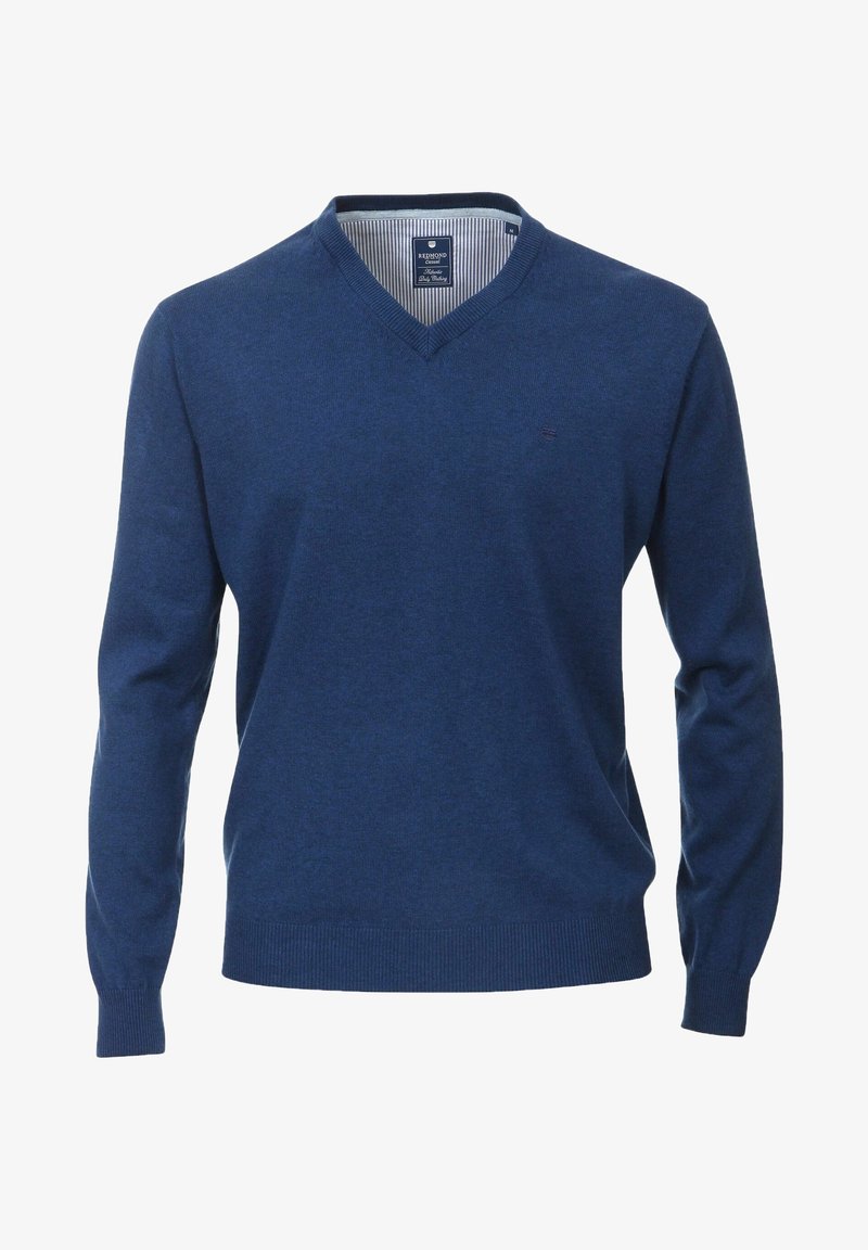 Pull-over bleu marine pour hommes avec col en V, manches longues, poignets et ourlet côtelés, détail rayé à l'intérieur du col.