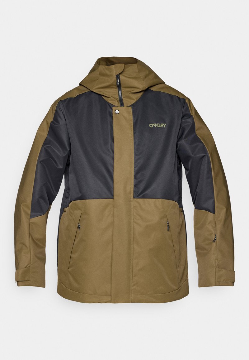 Veste vert olive et noire avec capuche, présentant des poches zippées et une fermeture à pression. Fabriquée en matériau lisse et résistant aux intempéries.