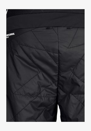Black insulated pants featuring a quilted design with angular stitching and a smooth texture. Logo visible on the waistband.