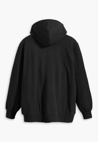 Sweat à capuche noir à manches longues avec poignets côtelés. Texture lisse, coupe décontractée et design simple sans logo visible.