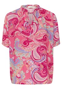 Blusa rosa a maniche corte con motivo paisley, tessuto leggero, scollo arricciato e dettaglio a chiave sul davanti.