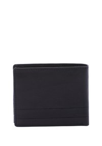 Zwarte leren portemonnee met een elegant ontwerp, voorzien van een gestructureerd oppervlak, zichtbare stiksels en een compacte rechthoekige vorm.