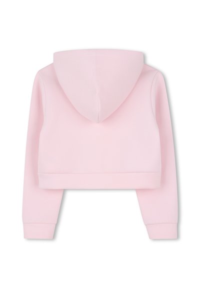 Roze cropped hoodie met lange mouwen en een capuchon met trekkoord. Gemaakt van zacht materiaal, met een gladde textuur en geribbelde manchetten.