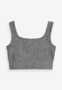 Gray ribbed crop top with wide straps and a thick band at the bottom. Material appears stretchy and textured. Square neckline design.