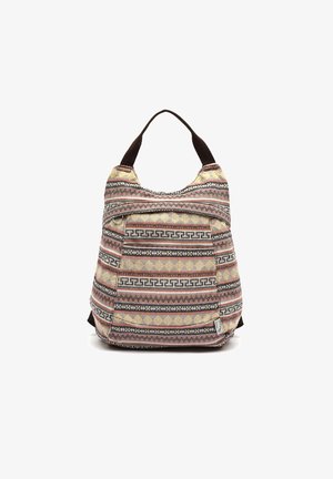 Sac fourre-tout avec motifs géométriques multicolores et rayures en rose, jaune, noir et blanc, avec une poignée noire et une poche avant.