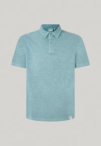 Ljust blå polo skjorta i mjukt tyg, med krage, två knappar och korta ärmar med en subtil melerad textur.