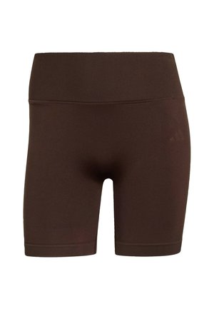 Brown high-waist seamless biker shorts with a wide ribbed waistband, made from stretchy fabric.