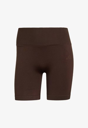 Brązowe bezszwowe szorty rowerowe z wysokim stanem i szerokim prążkowanym paskiem, wykonane z elastycznej tkaniny.