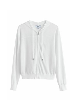 Witte lange mouwen rits-hoodie met voorste trekkoorden en geribbelde manchetten, afgebeeld tegen een effen witte achtergrond.