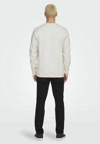 Lichtbeige sweatshirt met lange mouwen, met ribgebreide manchetten en zoom, gedragen met zwarte broek en blauwe schoenen, gezien van achteren.