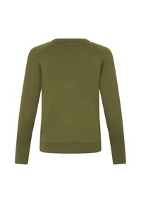 Pull vert olive à manches longues avec poignets et ourlet côtelés, montré de dos sur fond blanc.