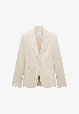 Light beige blazer made of linen, featuring a notched lapel, single button closure, two front pockets, and a tailored fit.