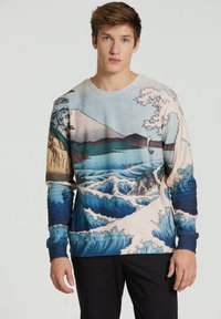 Multivärvilise maastiku trükkidega dressipluus, kus on kujutatud lainet, mägesid ja puid sinistes, kreemjat värvi ja pruunides toonides. Pikad varrukad, ümar kaelus.