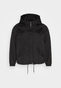 Schwarze Kapuzenjacke mit Reißverschluss und Druckknopfverschluss, elastischen Bündchen und verstellbarem Kordelzugsaum. Hergestellt aus glattem, leichtem Stoff.