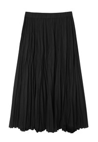 Gonna midi nera plissettata con vita elastica, tessuto leggero e silhouette fluida.