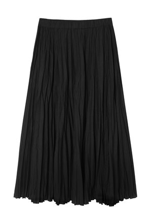 Black pleated midi skirt with elastic waistband, lightweight fabric, and a flowy silhouette.