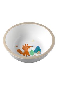Biała ceramiczna miska z jasnobeżową obręczą, zdobiona kolorową ilustracją lisa, drzew i gór w środku. Gładka tekstura.