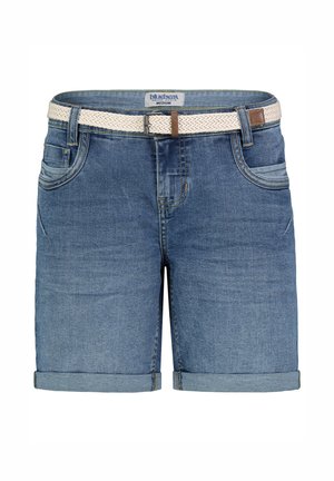 Denim shorts in medium blue, featuring rolled hems, a woven cream belt with a brown accent, and five pockets for storage.