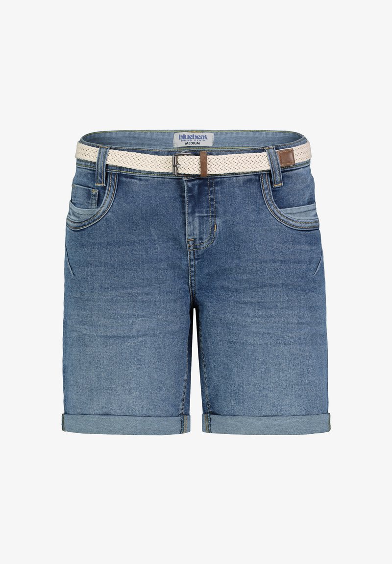 Denim shorts in medium blue, featuring rolled hems, a woven cream belt with a brown accent, and five pockets for storage.