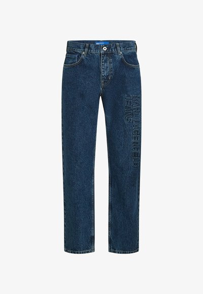Jean bleu foncé à jambes droites avec poches avant et "KARL LAGERFELD JEANS" brodé verticalement sur la cuisse droite.