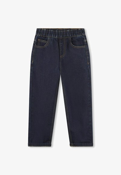 Pantalon en denim bleu foncé avec une taille douce et élastique. Comprend deux poches avant et des surpiqûres jaunes visibles le long des coutures et des poches.