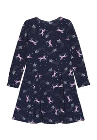 Laivastonsininen, pitkähihainen mekko, jossa on laskostettu hame ja jossa toistuu leikillinen kuvio, jossa on vaaleanpunaisia yksisarvisia ja tähtiä. Valmistettu pehmeästä kankaasta.