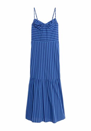 Blå kjole med tynde skulderstropper, der har lodrette striber og en rynket overdel. Nederdelen flaner ud ved kanten. Glat tekstur.