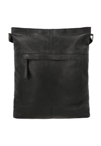 Borsa tote in pelle nera con una texture liscia, dotata di una tasca frontale con zip e dettagli di cucitura sottili. Inclusa tracolla regolabile.