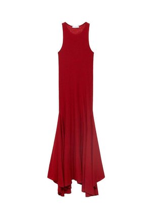 Vestido maxi sin mangas de color rojo con un dobladillo asimétrico y fluido. Hecho de una tela ligera, presenta una textura suave y un color sólido.