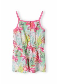 Romper fleuri avec des bretelles et un col roses, présentant un motif tropical vibrant en vert, rose, jaune et blanc, avec des détails de boutons.