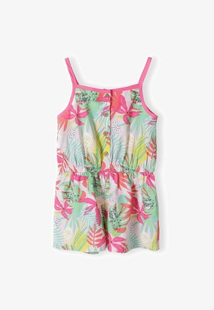 Blumiger Jumpsuit mit pinken Trägern und Ausschnitt, der ein lebhaftes tropisches Muster in Grün, Pink, Gelb und Weiß zeigt, mit Knopfdetails.