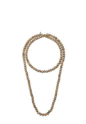 Náhrdelník z korálků s dvěma prameny kulatých, strukturovaných béžových korálků s mírně tmavším odstínem, který se vyznačuje jednoduchým designem a přírodním materiálem.