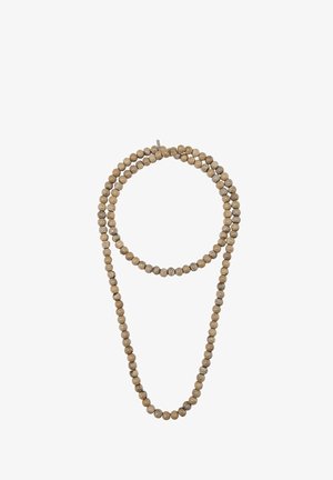 Collana di perline con due filamenti di perle rotonde di un beige testurizzato con una finitura leggermente più scura, che mette in mostra un design semplice e materiale naturale.