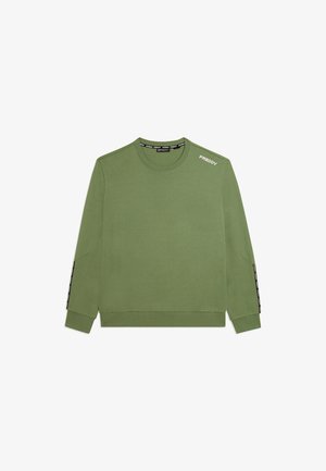 Sweat-shirt vert olive à manches longues avec col rond, logo "FREDDY" sur l'épaule gauche et détail noir de la marque sur les manches.