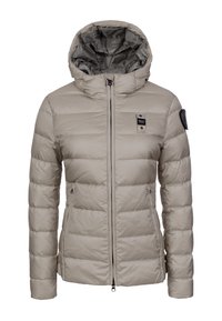 Gepolsterte Jacke in Hellgrau mit Kapuze, durchgehendem Reißverschluss, zwei Seitentaschen und Logoaufnäher auf der linken Schulter. Glatte Textur.