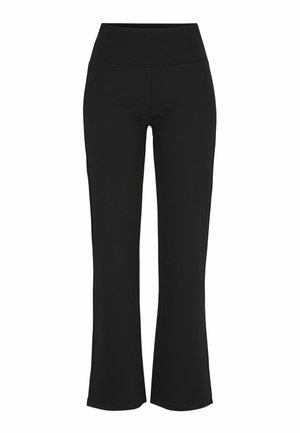 Schwarze, ausgestellte Hose mit hoher Taille, aus einem glatten, elastischen Stoff gefertigt. Charakterisiert durch ein einfaches Design ohne sichtbare Muster oder Beschläge.